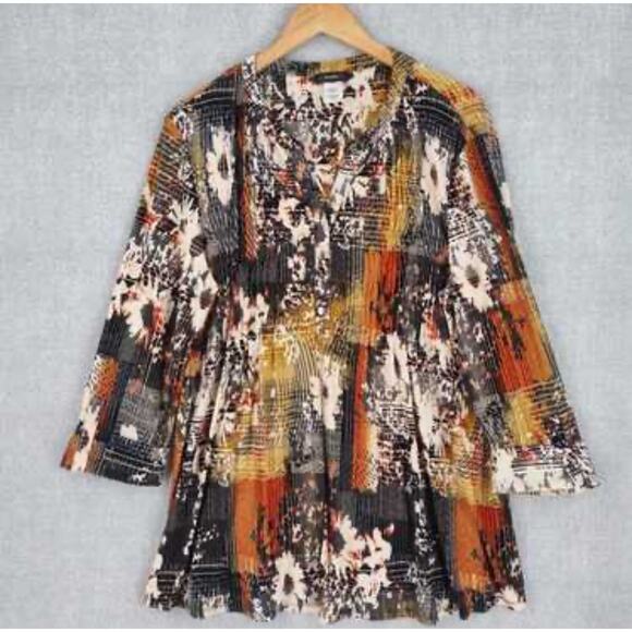 Cocomo Orange Black Abstract Print Pleated Tunic Blouse Womens Small - Picture 1 of 4